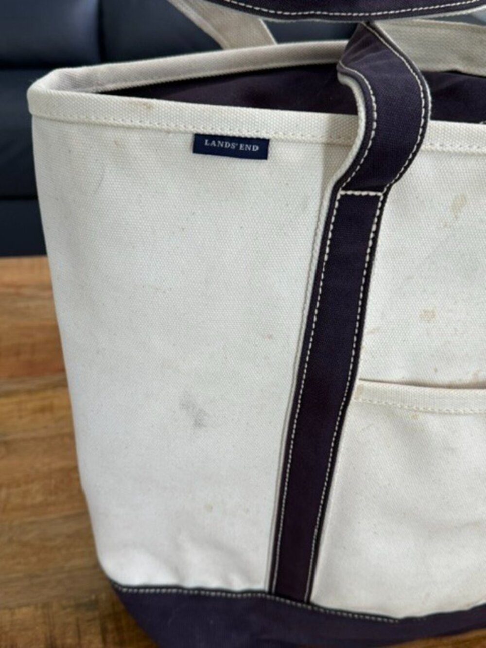 Lands End Heavy Duty Canvas Boat Tote XL Cream Navy USA Retro Zip Zipper Spots - Picture 8 of 16